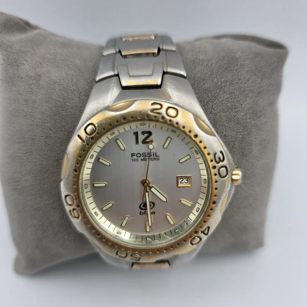 Fossil Blue AM3424 Two-Tone Silver & Gold 8.5" Men's Watch 100 Meters 36mm Case - Picture 2 of 5